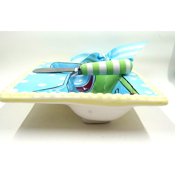 Mudpie Vino Cheese Bowl Appetizer Dip Spread And Spreader Pastel With Polka Dots - Picture 5 of 10